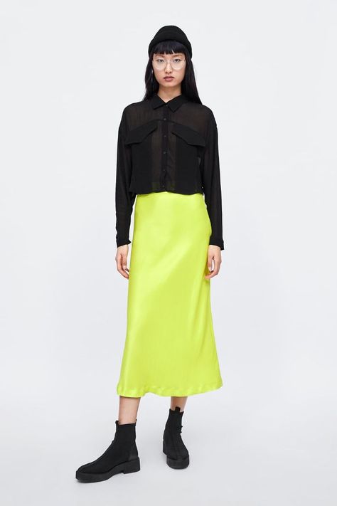 4 Subtle Ways to Wear the Neon Trend | Who What Wear Yellow Skirt Outfits, Neon Skirt, Silk Slip Skirt, Fashion Themes, Fresh Outfits, Silk Outfit, Slip Skirts, Yellow Skirt, Skirt Trends