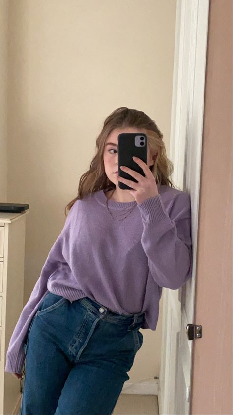 Purple Outfit With Jeans, Purple And Jeans Outfit, Lavender And Blue Outfit, How To Style A Purple Sweater, Purple Top And Jeans Outfit, Lavender Jumper Outfit, Lavender Crewneck Outfit, Dark Purple Sweatshirt Outfit, Violet Tshirt Outfits