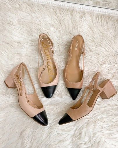 Sling Back Pumps Outfit, Chic Cream Slingback Pumps With Buckle, Chic Beige Fitted Slingback Pumps, Chanel Tan And Black Slingbacks Outfit, Chanel Classic Slingback, Cap Toe Shoes Outfit, Chanel Cap Toe, Chic Slingback Pumps With Gold-tone Hardware, Edgy Shoes