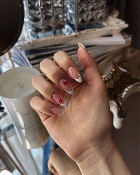 French Tip Nails With Kisses, French Tips With Kisses, Kisses On Nails, Kiss French Tip Nails, Kiss Nails Designs, Nails With Kisses, Pretty French Tip Nails, Nails Pink And Red, October Nail Ideas