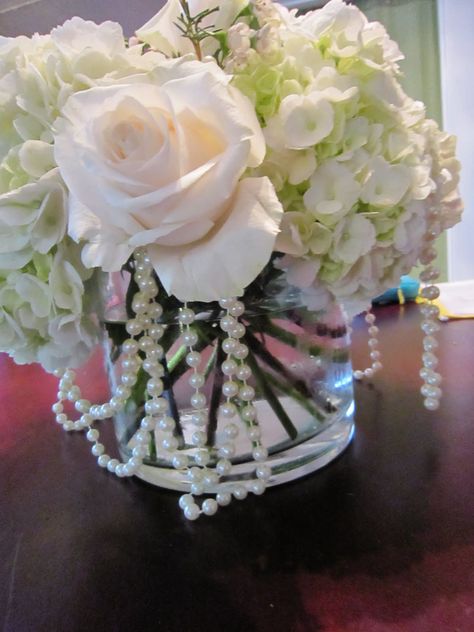 Petals And Prosecco Centerpieces, 30 Year Wedding Anniversary Party Ideas, Pearl Bridal Shower, Pearl Centerpiece, Bridal Shower Centerpieces, Reception Centerpieces, Shower Centerpieces, Anniversary Ideas, Sorority Life