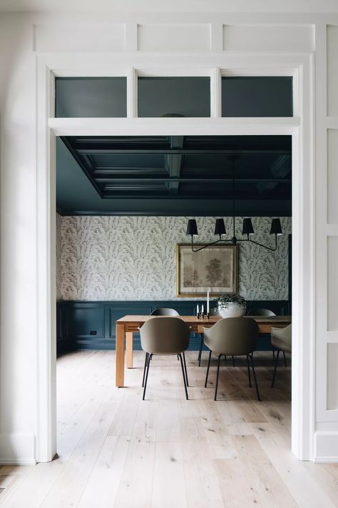 14 Two-Tone Color Ideas for Walls With Chair Rails | Hunker Jean Stoffer Design, Jean Stoffer, Dining Pendant, Dark Ceiling, Light Wood Floors, Chair Rail, The Dining Room, Open Concept Kitchen, Dining Room Inspiration