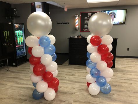 Barber Pole balloon tower made for a grand opening Barbershop Parade Float, Barber Party Decorations, Barber Shop Theme Party, Barber Shop Grand Opening Ideas, Barber School Ideas, Barber Shop Party Ideas, Barber Party Ideas, Barber Theme Party Ideas, Barbershop Grand Opening Ideas