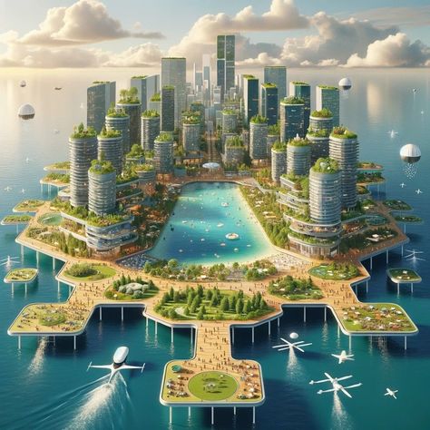 Biophyllic Architecture, Sci Fi City Futuristic Architecture, Futuristic Town, Futuristic City Utopia, City Skylines Game, Floating Architecture, Futuristic Building, Science Fiction Artwork, Eco City