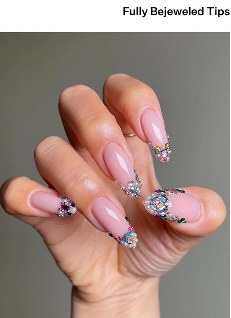 Pearls Nails, Jeweled Nails, Glitter Nails Acrylic, French Tip Nail Designs, Edgy Nails, French Nail Designs, Nails For Women, Festival Nails, Crystal Nails