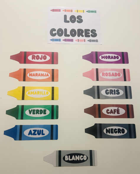 - Great For Preschool, Kindergarten, Elementary School, Spanish Classroom, Daycare, Home  - Printable Crayon Colors For Young Children To Learn Colors And Color Words In SPANISH - Cut Crayons To Create A Color Words Wall Display, Bulletin Board, Circle Time Board, Or Use As Flash cards - Can Be Used As Classroom Decor On Wall, Door, Windows, Bulletin Board - Great Way To Add Color To Classroom/Learning Space  - Cute Crayon Themed Display Colors Chart Preschool, Kindergarten Classroom Design, Circle Time Board, Word Wall Displays, Spanish Printables, Spanish Classroom Decor, Words In Spanish, October Classroom, Classroom Learning Space