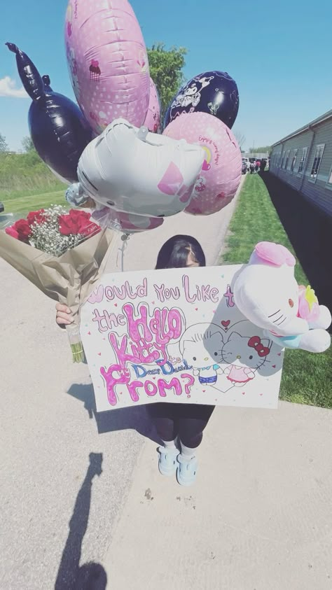 #prom #hellokitty #promposal Will You Be My Bf Ideas, Hoco Poster Ideas Hello Kitty, Book Of Life Promposal, Sanrio Promposal, Hoco Hello Kitty Poster, Homecoming Proposal Ideas Hello Kitty, Coraline Promposal, Creative Promposal, Hello Kitty Hoco Proposal Poster