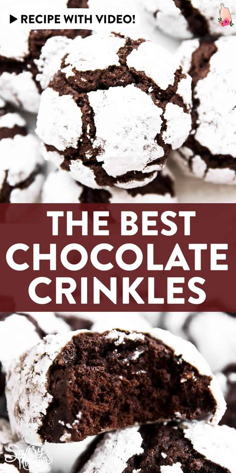 These Chewy Chocolate Crinkle Cookies are soft and turn out picture-perfect! An EASY dough make these the best Christmas cookies for your holiday baking! | #cookies #chocolate #Christmascookies #Christmascookies #Christmascookieexchange #Christmascookierecipe #holidaybaking #holidayrecipes #baking #easyrecipes Dessert Smoothies, Chocolate Crinkle Cookies Recipe, Crinkle Cookies Recipe, Chocolate Crinkle, Christmas Baking Recipes, Chocolate Crinkle Cookies, Chocolate Crinkles, Crinkle Cookies, Lost 100 Pounds