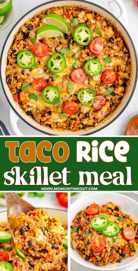 This Cheesy Taco Rice skillet recipe is a delicious one-pan meal that combines all your favorite taco flavors into a hearty dish. This easy taco rice recipe is loaded with veggies, beans, rice, tomatoes and your choice of ground meat. Top it with your favorite taco toppings for a family-friendly meal that’s sure to please! | MomOnTimeout.com Mexican Rice With Meat, Easy Taco Dinner Recipes For Family, Taco Skillet With Rice, Taco Meat And Rice Recipes, Taco Rice Casserole Bake, One Pot Taco Rice, Ground Taco Meat Recipes, Taco Meal Ideas, Easy Taco Rice Recipe