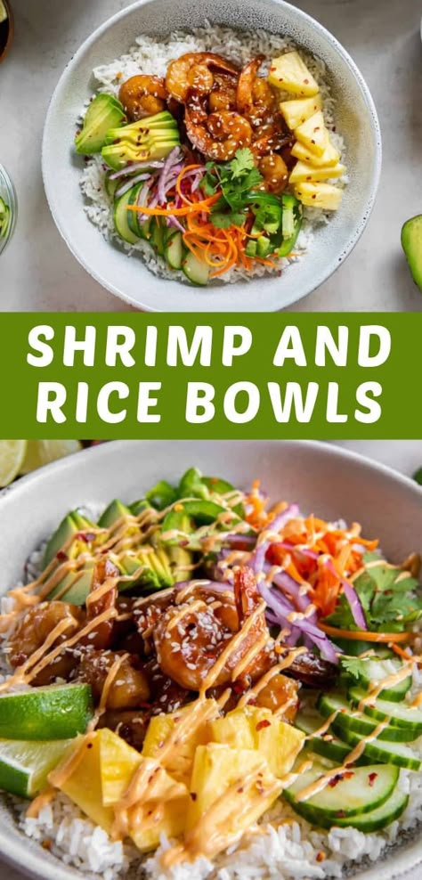 Enjoy this easy Shrimp and Rice Bowl for lunch or dinner in 30 minutes or less! Teriyaki style shrimp is served over a bed of rice with delicious toppings like pineapple, avocado, pickled carrots, sriracha mayo and more. Asian Recipes With Shrimp, Easy Shrimp Rice Bowls, Shrimp And Rice Bowls, Hawaiian Shrimp Bowl, Rice Bowls Shrimp, Prawn Bowl Recipe, Shrimp Power Bowl Recipe, Teriyaki Shrimp Rice Bowl, Shrimp Asian Bowl