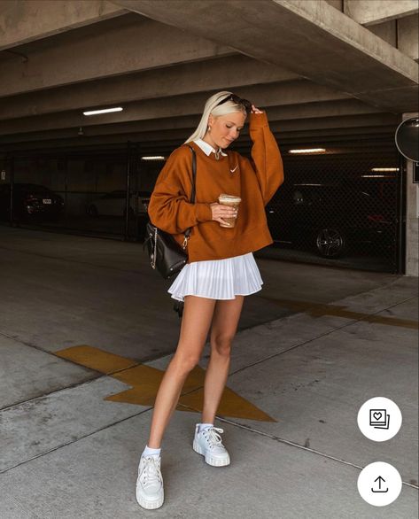 Polo Sweater And Skirt Outfit, Sweater And Skirt Combo, Short White Pleated Skirt Outfit, White Tennis Skirt Outfit Fall, Tennis Skirt And Sweater Outfit, Crewneck And Skirt Outfit, Pleated Mini Skirt Outfit Summer, Tennis Skirt And Sweatshirt, Shoes Sneakers Aesthetic