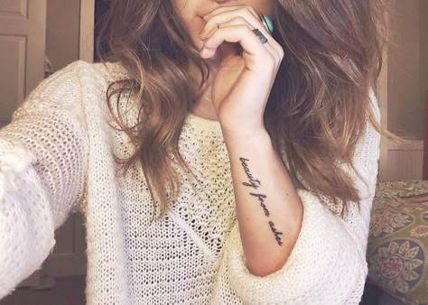 Women Script Tattoos, Outer Forearm Tattoos Women Quote, Beauty To Ashes Tattoo, Script Tattoo On Forearm, Beauty From Ashes Tattoo Ideas, Beauty For Ashes Tattoo For Women, Forearm Script Tattoo Women, Womens Arm Tattoos Forearm, Beauty For Ashes Tattoo