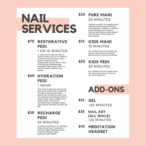 We wanted to share with you all our service menu for our nail services, provided by our lovely nail technician @bepurenailsbynaa.✨  Our nail services are available Sundays, Mondays and Tuesdays. As well as these nail services, we also have meditative foot soaks for you all to savor in- any day of the week. We will have the link to book both of these on our stories! Check them out to make sure that your spot is booked this upcoming week.   #crueltyfreebeauty #nontoxicskincare #organic #bepurebeau Nail Salon Menu Ideas, Pedicure Promotions Ideas, Nail Service Menu Ideas, Nail Policy Ideas, Salon Organization Ideas, Toxic Nails, Menu Nail, Foot Soaks, Nail Room Ideas