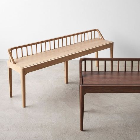 Unison Home on Instagram: “Notable for its subtly curved low back and slim tapered legs, the Spindle Bench defines simplicity and grace. ---- But don’t mistake it for…” Modern Furniture Ideas, Walnut Bench, Modern Accent Tables, Washing Walls, Oak Bench, Home Furnishing Stores, George Nelson, Plywood Furniture, Types Of Furniture