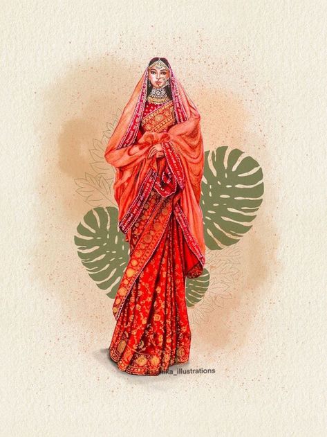 Bridal Fashion Illustration Indian, Indian Fashion Illustration Traditional, Indian Fashion Croquis, Nature Fashion Illustration, Background For Illustration Fashion, Bridal Illustration Indian, Indian Dress Illustration, Indian Bridal Illustration, Indian Bride Sketch