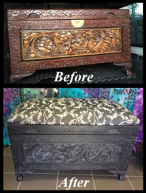 Up-cycled large carved chinese camphor chest turned into a cushioned top blanket box. Painted with black paint and grey wax. Ply added to the top, then a cushion and fabric. Painted Blanket Box, Trunk Makeover, Chests Diy, Chest Makeover, Carving Furniture, Chalk Paint Furniture Diy, Chest Ideas, Painted Trunk, Furniture Upcycle