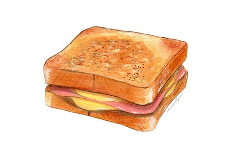 "Bikini" - ham and cheese sandwich by Miriam Figueras.  http://www.miriamfigueras.com/#/food-illustration/ Sandwich Drawing, Food Art Painting, Food Drawings, Food Artwork, Food Sketch, Ham And Cheese Sandwich, Food Illustration Art, Watercolor Food, Cute Food Drawings