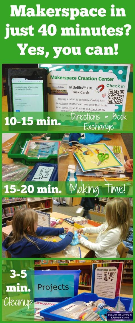 Don't let a fixed library schedule or limited class time stop you! You *can* implement makerspace centers in 40 minute library classes | Mrs. J in the Library / A Wrinkle in Tech #MrsJintheLibrary School Library Makerspace Ideas, Makerspace Elementary Library, Makerspace Elementary, Makerspace Activities, Library Centers, Elementary Librarian, Makerspace Projects, Makerspace Library, Makerspace Ideas