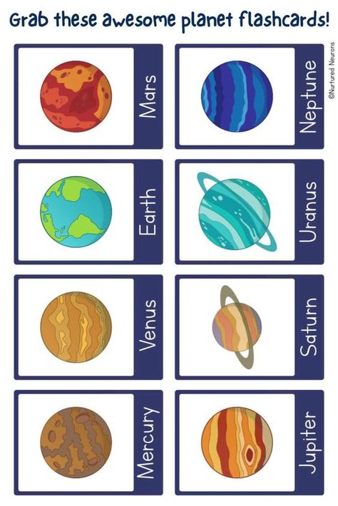 This colorful set of printable planet flashcards are a great way to help your little ones learn about our solar system! These cards are a great resource for young children learning about space and the planets. So why not blast over to Nurtured Neurons, grab this lovely set of cards.! #space #flashcards #preschoolscience #kindergartenscience #planets #planetflashcards #printableflashcards #earlyscience #prek #kindergarten Planets Clipart Free Printable, Planets Flashcards, Space Flashcards, Solar System Flashcards, Solar System Printables, Solar System Pictures, Solar System Facts, Solar System Projects For Kids, Planet Project