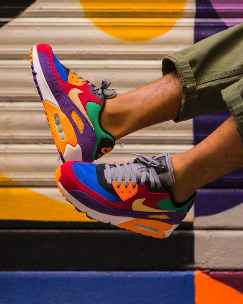 Outfits With Air Max 90 Style, Nike Multicolor Sneakers, Trendy Multicolor Nike Sneakers, Colorful Retro Sneakers For Streetwear, Retro Multicolor Custom Sneakers For Streetwear, Nike Air Max 90 Women Outfit, Playful Nike Multicolor Sneakers, Colorful Nike Shoes, Air Max 90 Outfit