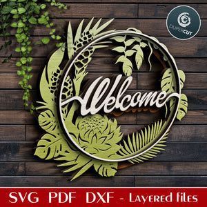 Tropical Welcome Sign, Lasercut Ideas, Montessori Calendar, Laser Signs, Wood Laser Ideas, Laser Cut Wood Crafts, Door Signs Diy, Laser Files, Laser Engraved Ideas