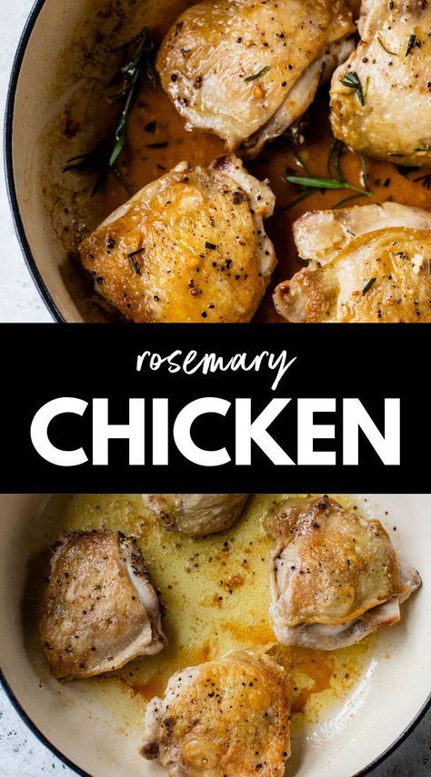 This easy, one-pan Rosemary Chicken recipe is a must-have for weeknight dinners! Chicken thighs are seared in a pan and drenched in a sophisticated rosemary and butter sauce for irresistible bites. Ready in 30 minutes! Rosemary Chicken Thighs, Dinners Chicken, Rosemary Chicken Recipe, Rosemary Butter, Crispy Chicken Breast, Cheesy Mashed Potatoes, Tasty Meat, Rosemary Chicken, Cast Iron Recipes