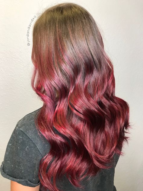 Red hair sangria burgundy balayage by @jordandavidxo Www.theglambarrockwall.com Blonde Hair Fade, Reverse Ombre Hair, Burgundy Balayage, Hair 2025, Reverse Ombre, Red Ombre Hair, Red Balayage, Red Hair Inspo, Ombre Highlights