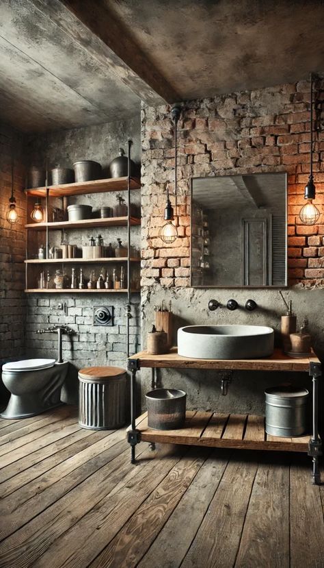 Brick Bathroom Ideas Wall, Exposed Brick Bathroom, Mediterranean Style Bathroom, Bohemian Style Bathroom, Industrial Sink, Reclaimed Bathroom, Urban Bathroom, Brick Bathroom, Country Style Bathrooms