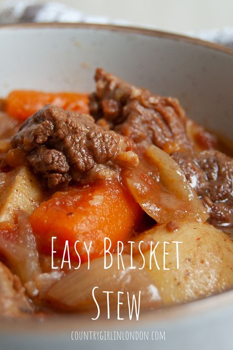 Hearty Beef Brisket Stew Brisket Stew Crockpot, Leftover Brisket Stew, Beef Brisket Stew Recipes, Brisket Potato Soup, Brisket Stew Recipes, Stew In Slow Cooker, Beef Brisket Stew, Brisket Stew, Easy Sausage Casserole