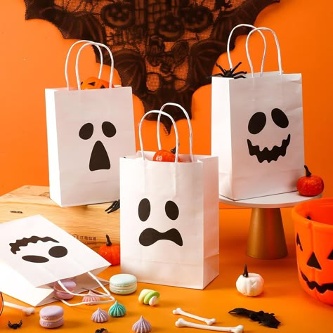 Honoson 24 Pieces Ghost Halloween Treat Bags Halloween Paper Gift Bags Halloween Goodie Bags with Handles Halloween Goodie Candy Bag Trick or Treat Party... Halloween Sweet Bags Ideas, Halloween Party Candy Bag Ideas, Small Halloween Treat Bags, Decorating Halloween Bags, Halloween Party Gifts For Kids, Halloween Party Bags For Kids, Halloween Paper Bag Decorating Ideas, Decorate Halloween Bags, Paper Bag Halloween Treat Bags