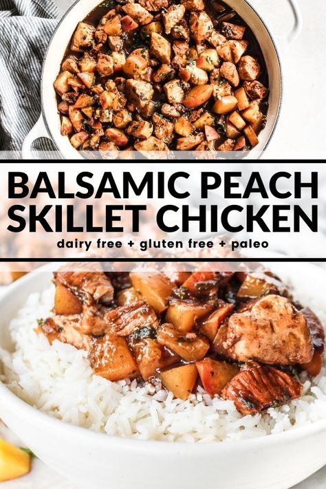 This balsamic peach chicken is a little sweet, a little tangy, and a whole lot of good! Serve over traditional rice or cauliflower rice for an easy dinner that everyone will love. Dinner Recipes With Peaches, Balsamic Peach Chicken, Macro Lunch, Balsamic Peach, Paleo Entrees, Pork Slow Cooker, Peach Chicken, Df Recipes, Gf Dinner