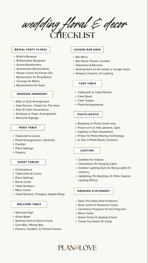 Wedding Table Checklist, Bride Day Of Checklist, Wedding List Checklist For Bride, Sign List For Wedding, Wedding Decorations List, Decor List For Wedding, Easy Wedding Planning Checklist, Week Of Wedding Checklist, Wedding To Do List Checklist Detailed