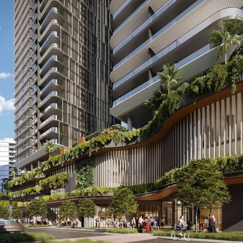 Podium Architecture, Gold Coast Apartment, Podium Design, Green Terrace, Apartment Exterior, Student Housing, Tall Buildings, 800m, Apartment Projects