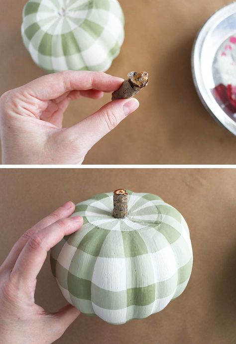 Turn tacky dollar store pumpkins into cute fall decorations! How to paint buffalo check pumpkins step by step! Plaid Painted Pumpkins, Checkered Pumpkin Painting, Plaid Pumpkin Painting, Pumpkin Carving Ideas Spooky, Painting Mini Pumpkins, Pumpkin Wreath Ideas, Pumpkin Decor Diy, Cute Fall Decorations, Pumkin Designs