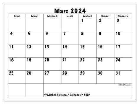 Calendrier mars 2024 48LD Mars