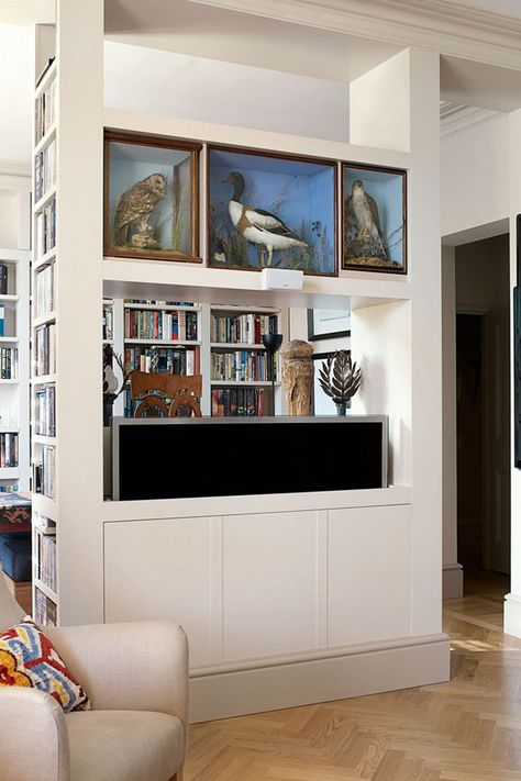 Anyone who wants to conceal a television or music system take note. These ideas are amazing. Storage ideas on HOUSE - design, food and travel by House & Garden. Hidden Tv Cabinet, Flat Design Ideas, London Houses, Hidden Tv, Jane Taylor, Front Rooms, London Flat, Home Technology, Storage Design