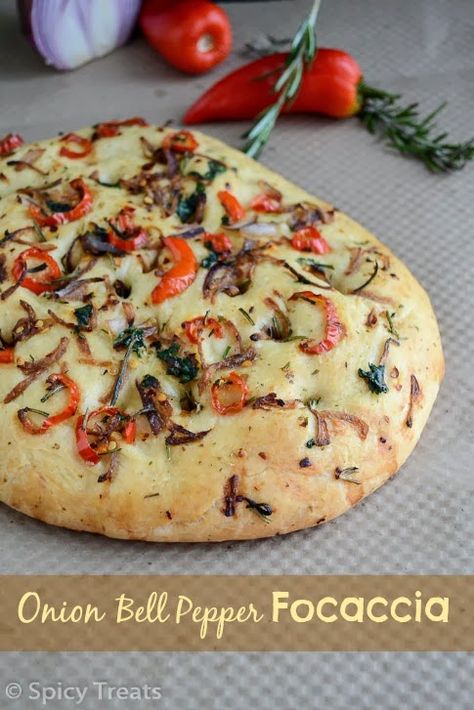 Spicy Onion Red Pepper Focaccia Onion Foccacia, Foccacia Bread Recipes Tomato, Roasted Red Pepper Foccacia Bread, Onion Focaccia, Asiago Black Pepper Bread, Seafood Soup Recipes, Focaccia Bread Recipe, North Indian Recipes, Hot Bread