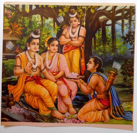 Ram+with+his+Wife+Sita+and+Brothers+Laxman+and+Bharat+-+Vintage+Print Ramayana Story, Diwali Story, Lord Ram Image, Rama Lord, साईं बाबा, Rama Sita, Ram Hanuman, Rama Image, Ram Image