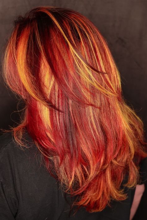 Orange Hair Updo, Neon Color Hair Ideas, Red Hair Yellow Highlights, Auburn And Red Hair, Fiery Hair Color, Multiple Red Hair Color, Red Hair With Orange Tips, Red Hair With Yellow Highlights, Multicolor Red Hair