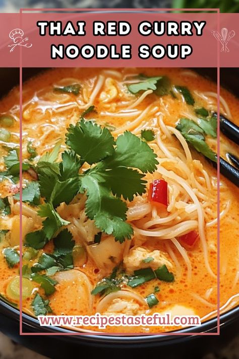 This vibrant Thai Red Curry Noodle Soup is a flavorful and satisfying dish, perfect for a quick weeknight meal. Packed with fresh vegetables and rich coconut milk, it offers a delicious balance of spice and creaminess, making it a favorite among family and friends. Thai Red Noodle Soup, Curry Noodle Soup, Red Curry Soup, Red Thai Curry, Red Curry Noodles, Red Thai Curry Soup, Red Curry Ramen Soup, Thai Coconut Noodle Soup, Thai Curry Noodle Soup