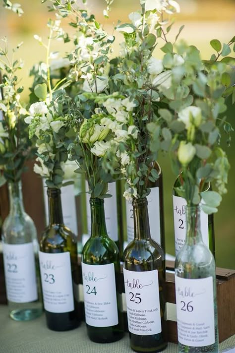 Wedding Seating Chart - Wine Bottles - Unique Seating Chart Ideas Wedding Unique Seating Chart, Unique Table Seating Chart Wedding, Wedding Table Wine Bottles, Wedding Table Chart Ideas, Bottle Wedding Decor, Table Seating Plan, Unique Seating Chart Ideas, Bottle Seating Chart, Bottle Seating Chart Wedding