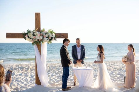 Cross Wedding Package | Paradise Beach Weddings Christian Beach Wedding, Cross Arbor Wedding, Cross Arbor, Cross Wedding, Arbor Wedding, Simple Beach Wedding, Alabama Beaches, Orange Beach Alabama, Wedding Cross