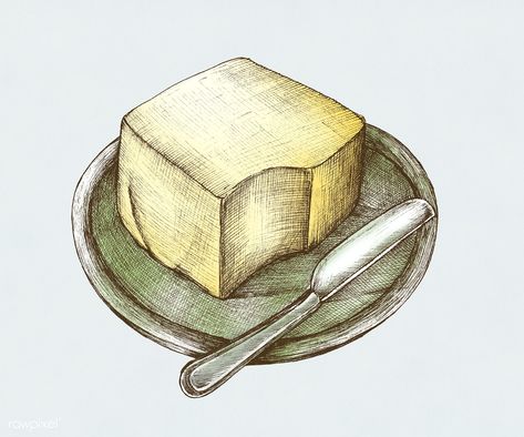 Butter Illustration, Drawn Butter, Whole Ham, Purple Tattoos, Plate Drawing, Illustration Kitchen, Kitchen Background, Garlic Spread, Knife Drawing