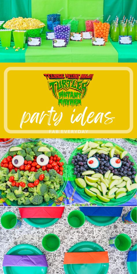 Teenage Mutant Ninja Turtles Party Food, Ninja Turtle Party Snacks, Ninja Turtle Party Food Ideas, Ninja Turtles Food Ideas, Ninja Turtle Birthday Food Ideas, Tmnt Mutant Mayhem Party Ideas, Mutant Mayhem Birthday Party, Tmnt Mutant Mayhem Party, Ninja Turtle Food Ideas