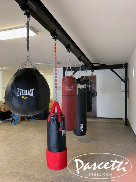 Heavy Bag Rack for Jon Jones - Phat Rack™ - Pascetti Steel Design, Inc. Garage Boxing Gym Ideas, Garage Boxing Gym, Home Boxing Gym Ideas, Boxing Gym Ideas, Boxing Home Gym, Home Boxing Gym, Boxing Gym Design, Jon Bones Jones, Fitness Design Gym