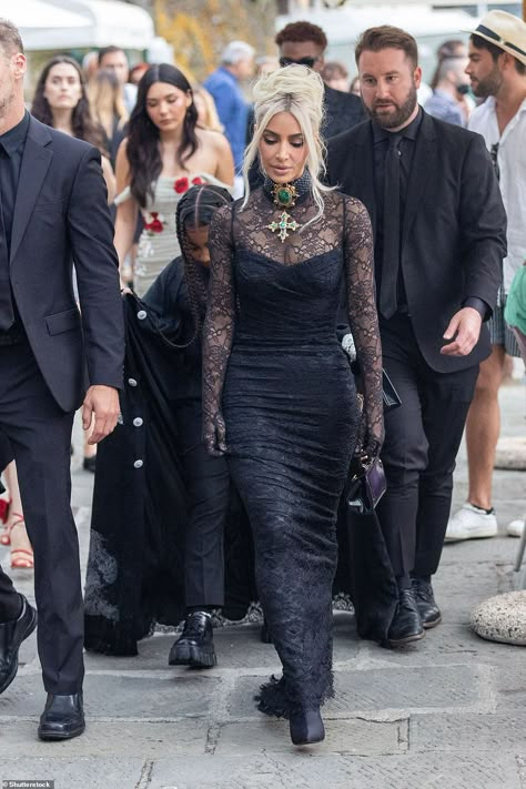 Wow: Kim showed off her incredibly svelte frame in the racy lace number as she walked in Italy Kourtney Kardashian And Travis, Kardashian Wedding, Kim Kardashian Wedding, Lace Dress Outfit, Kim Kardashian Dresses, Kourtney Kardashian Style, Gothic Lace, Kardashian Outfit, Kim Kardashian Style