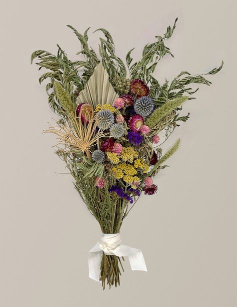 This handcrafted bouquet is bursting with joyful color thanks to forged and dried flora, including brake fern, statice, agapanthus sprockets, foxtail grass, yarrow, globe amaranth, and globe thistle. It comes prearranged and tied with a raw silk ribbon. Ready to gift to a friend, or to treat yourself to. Handcrafted by Right Side Hand, each bouquet is unique; expect some variation. Foxtail Grass, Globe Thistle, Globe Amaranth, Herb Farm, Strange Flowers, Floral Work, Plant Delivery, Dried Bouquet, A Bouquet Of Flowers