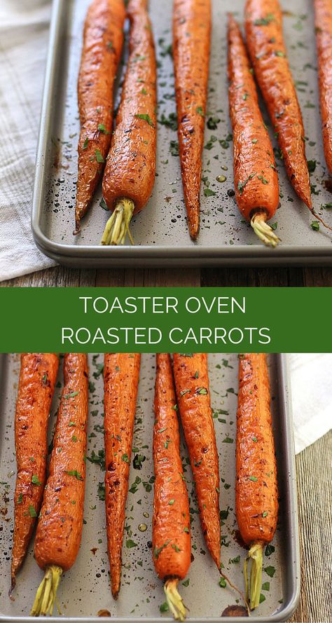 Toaster Oven Roasted Carrots.  Sweet and tender olive oil roasted carrots drizzled with balsamic vinegar.  Add this versatile veggie side dish to your dinner tonight! Toaster Recipes, Cuisinart Toaster Oven, Toaster Oven Cooking, Convection Oven Recipes, Oven Roasted Carrots, Veggie Side Dish, Toaster Oven Recipes, Convection Toaster Oven, Convection Cooking