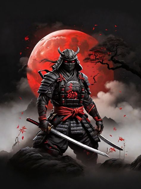 Ilustraction of ninja samurai with red moon for backro 0 Ninja Samurai, Samurai Artwork, Samurai Armor, Red Moon, Japanese Architecture, Cyberpunk Art, Science Art, Japanese Tattoo, Japanese Style