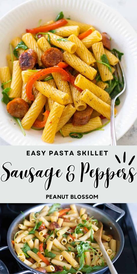 Sausage and Peppers Pasta {Skillet or Sheet Pan} Chicken Sausage And Peppers Pasta, Guy Food, Sausage Penne Pasta, Peppers Pasta, Sausage And Peppers Pasta, Sausage Penne, Chicken Sausages, Pasta Skillet, Easy Pasta Sauce